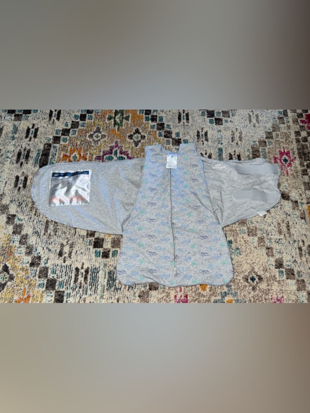 Baby Halo Swaddle sleep Sack in Light Gray with Subtle Blue and Green Print